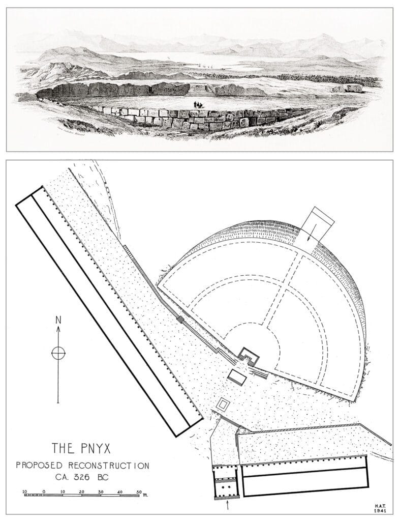 Overhead reconstruction map showing speaker's platform, seating embankment, and city walls