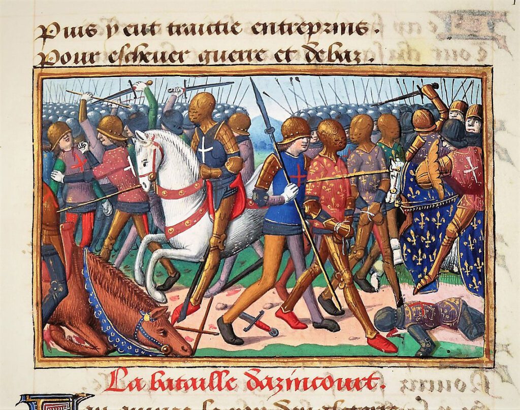 Miniature of Agincourt with densely packed formations; archers on flanks and banners raised.