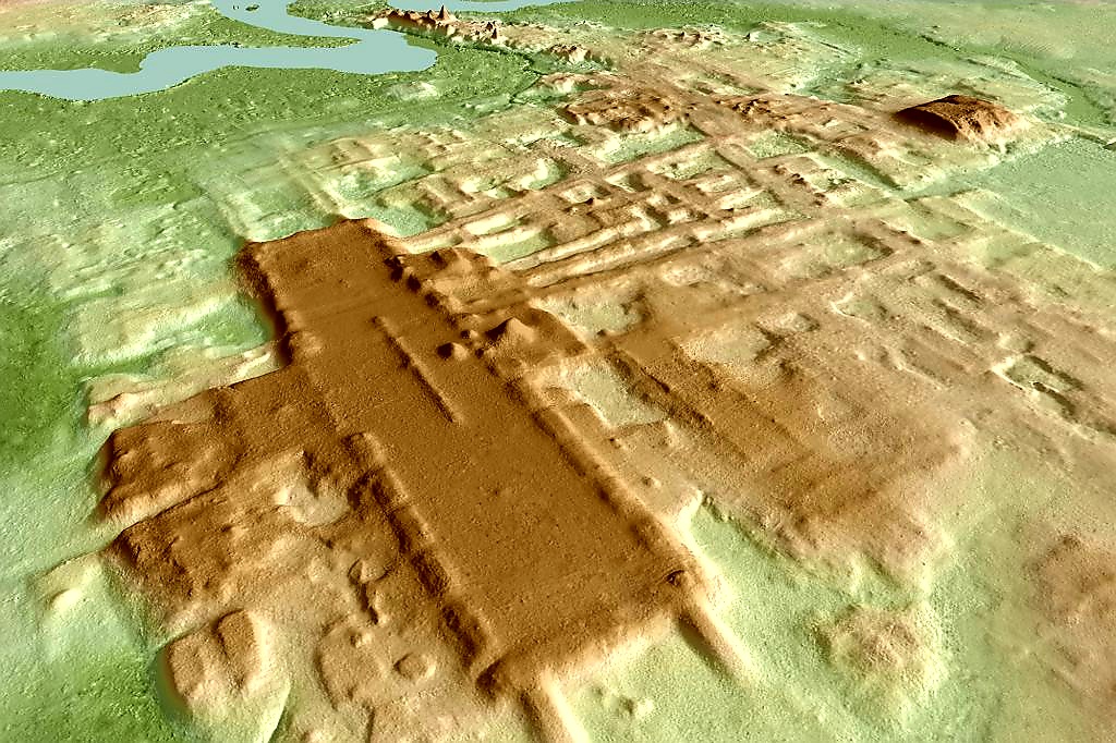 LiDAR rendering of Aguada Fénix in Tabasco, Mexico: a long, low rectangular platform and radiating causeways glow clearly once vegetation is digitally removed.