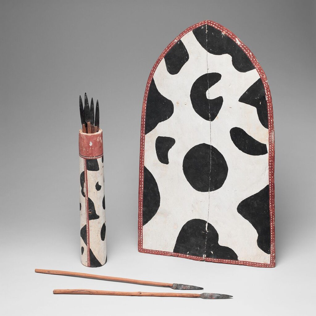 Wooden model of a large rectangular shield with spears from Asyut, c. 1981–1802 BCE.