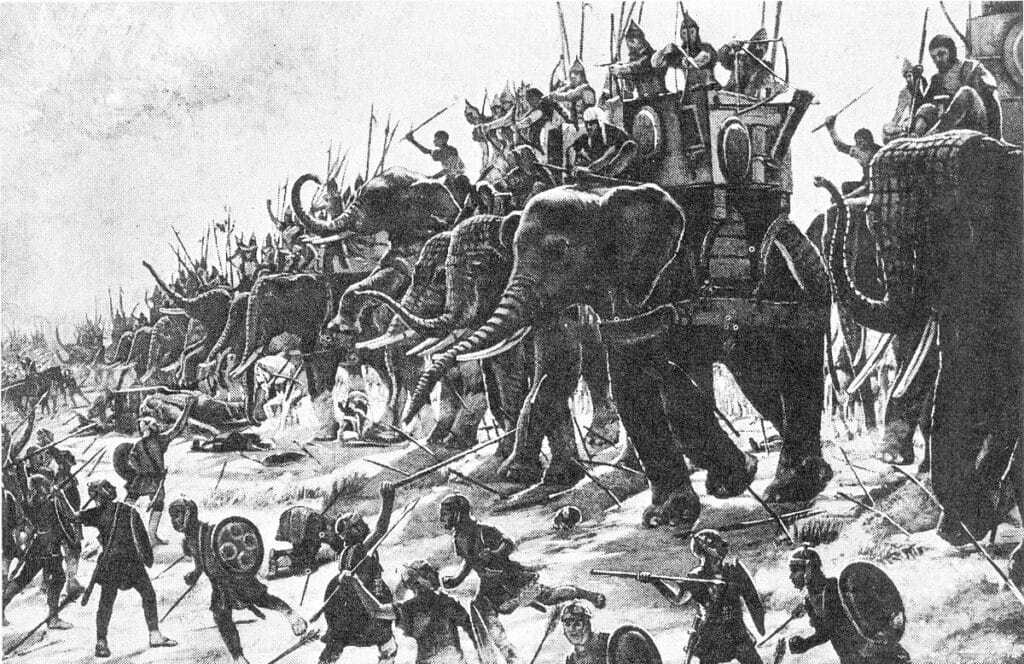 Historical painting with war elephants in the foreground.