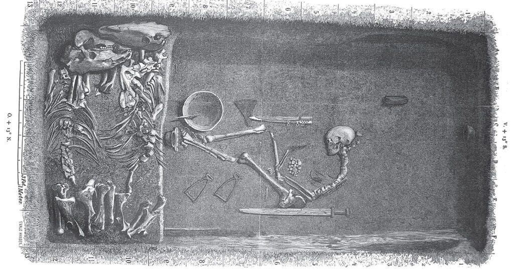 Historic plan of the Viking grave Bj 581 in Birka, showing a weapon-rich chamber burial later confirmed to be female by DNA.
