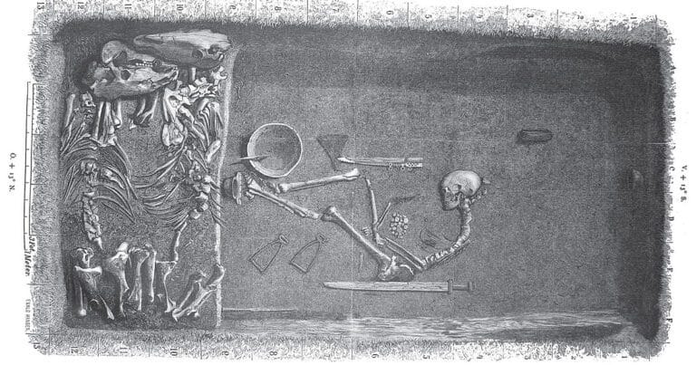 Historic plan of the Viking grave Bj 581 in Birka, showing a weapon-rich chamber burial later confirmed to be female by DNA.