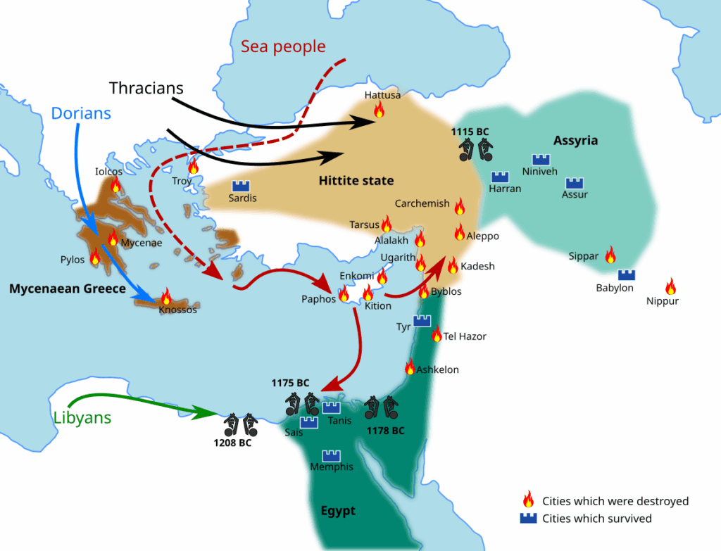 Map of regions affected during the Bronze Age collapse showing movements and destructions across the eastern Mediterranean.
