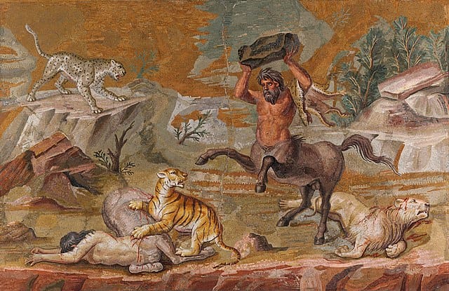 Roman mosaic of centaurs battling wild cats, including lions, tigers, and a leopard, from Hadrian's Villa at Tivoli.