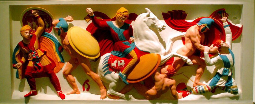 Colour reconstruction of the Alexander Sarcophagus showing battle scene with blues, reds, and gilded accents.