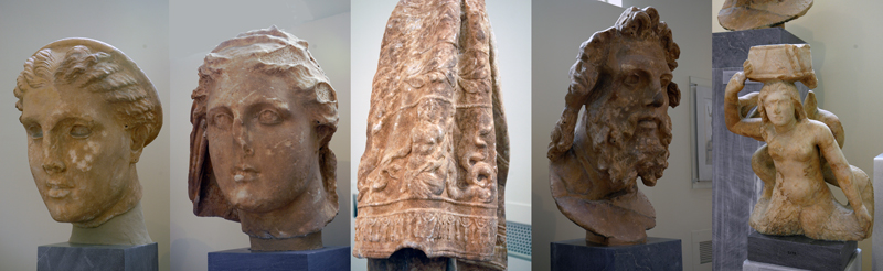 Fragments of the cult group of Despoina and Demeter from Lycosura, showing figures and throne reliefs.