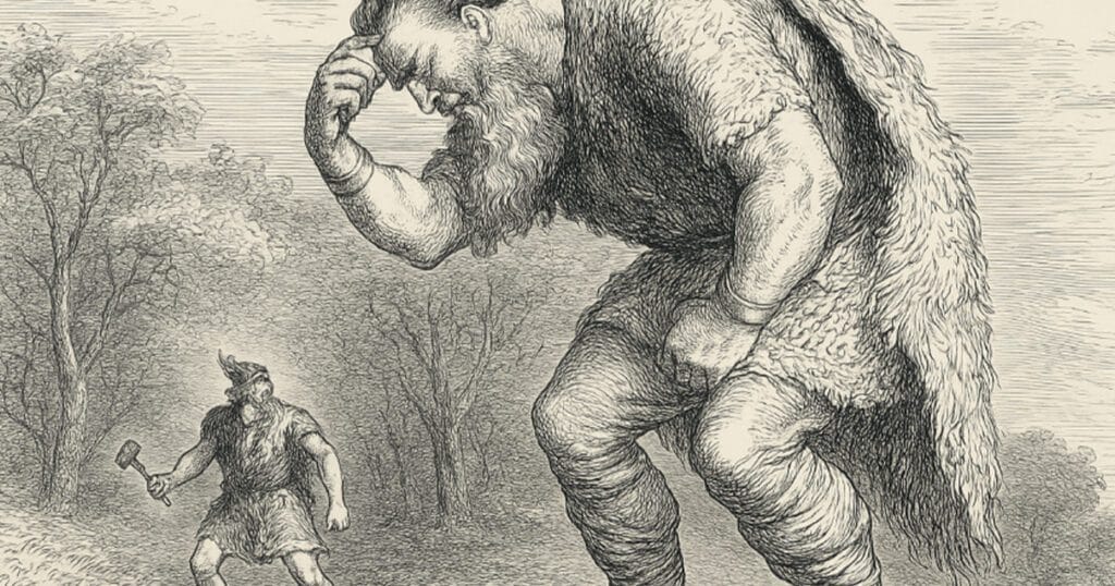 Artistic depiction of Útgarða-Loki from a 19th-century Norse myth illustration