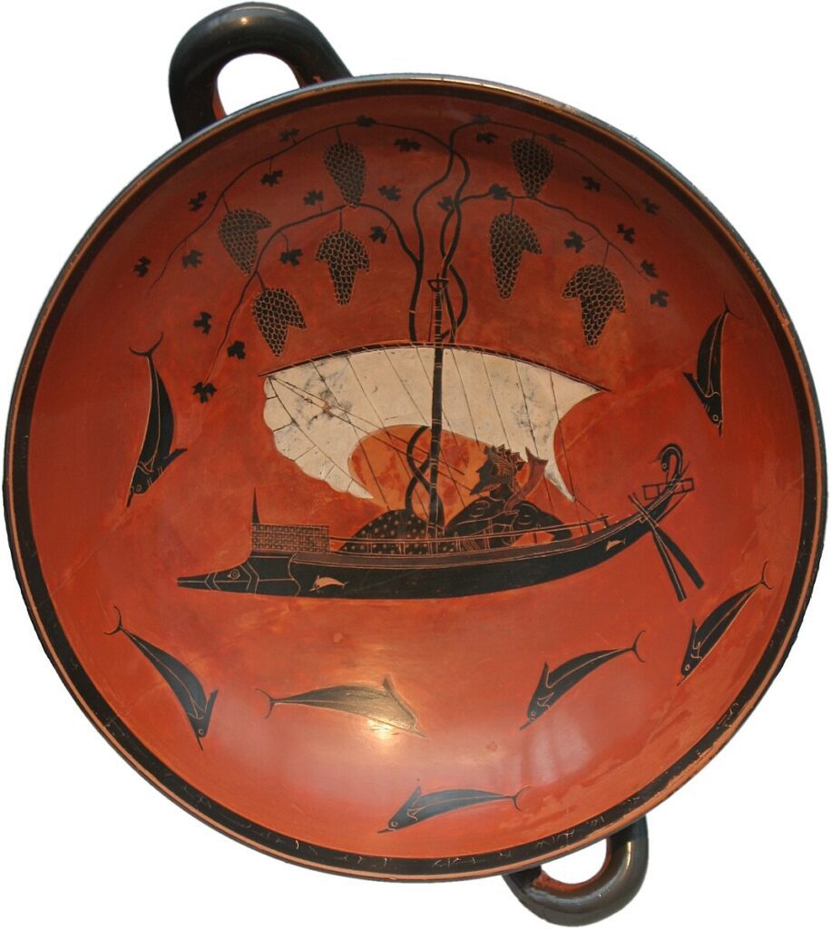 symbolism of animals in Greek vase paintings - dolphins around Dionysus on Attic black-figure kylix