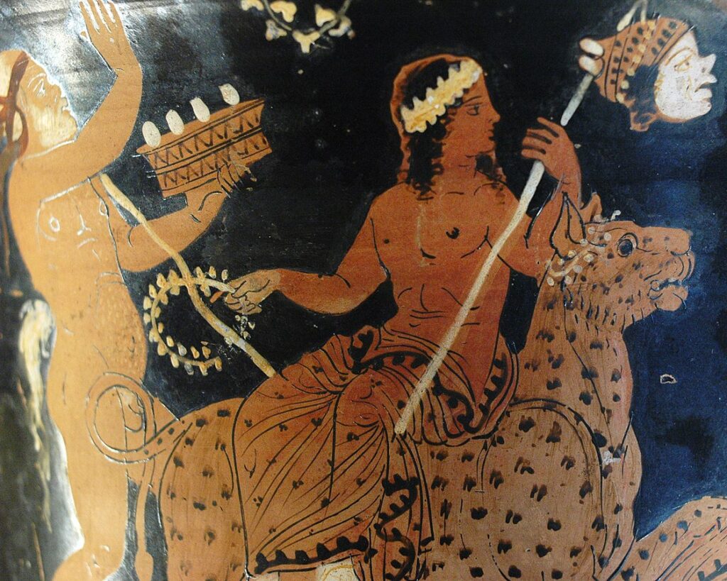 symbolism of animals in Greek vase paintings - panther as Dionysian emblem on krater