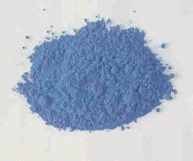 Close-up of powdered Egyptian blue, the synthetic copper-based pigment used widely in antiquity.