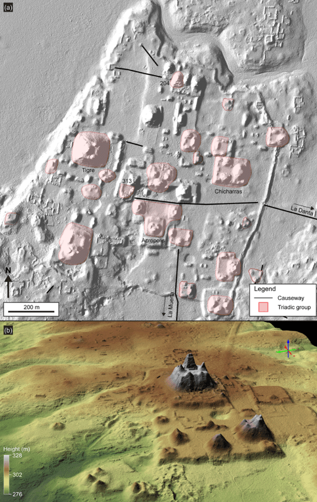 LiDAR visualisation of El Mirador’s civic core with triadic complexes and La Danta sector.