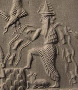 Detail of Enki/Ea on the Adda seal, Mesopotamian god of water and cunning.