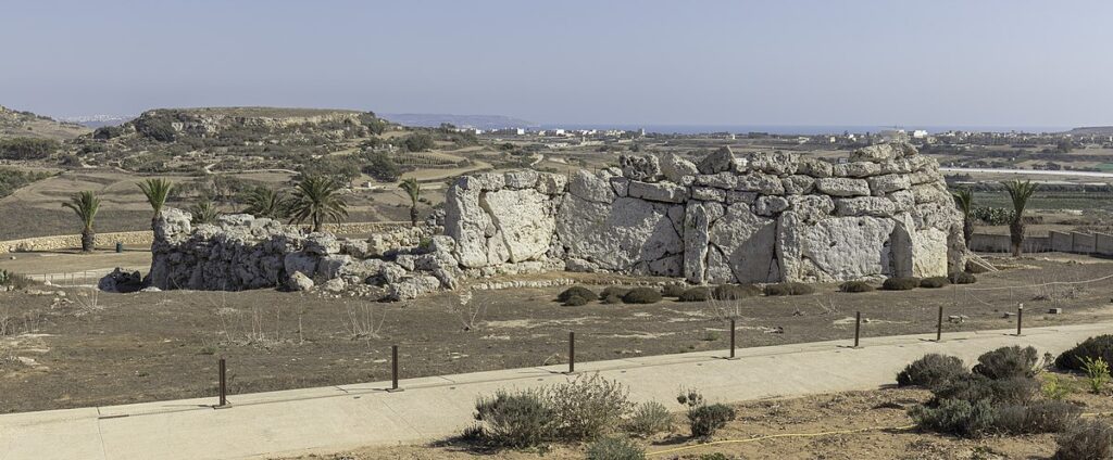 Exterior view of the Ggantija complex facing the south-eastern sky across the plateau.