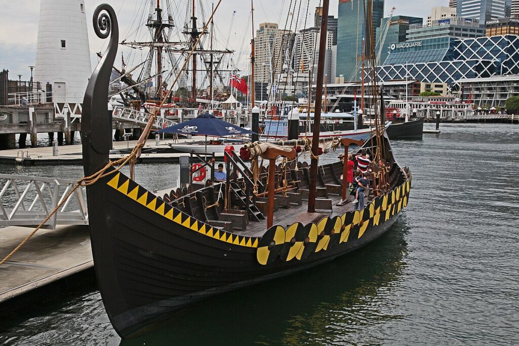 Reconstruction of the Gokstad Viking ship with round shields mounted along the gunwales, showing typical size and fittings of Viking shields.