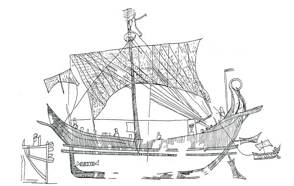 Tracing of a Pompeian ship graffito with hull, mast, sail, and rigging sketched in profile.