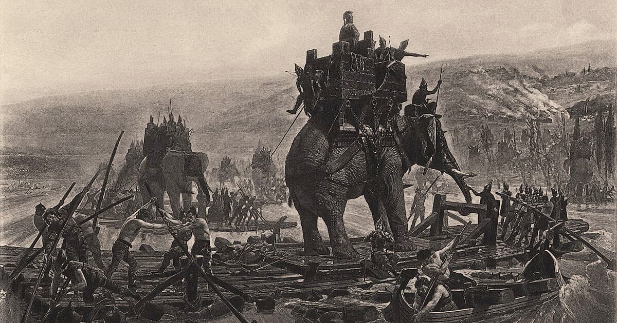 Hannibal’s column with elephants near the Rhône, painted by Henri-Paul Motte.