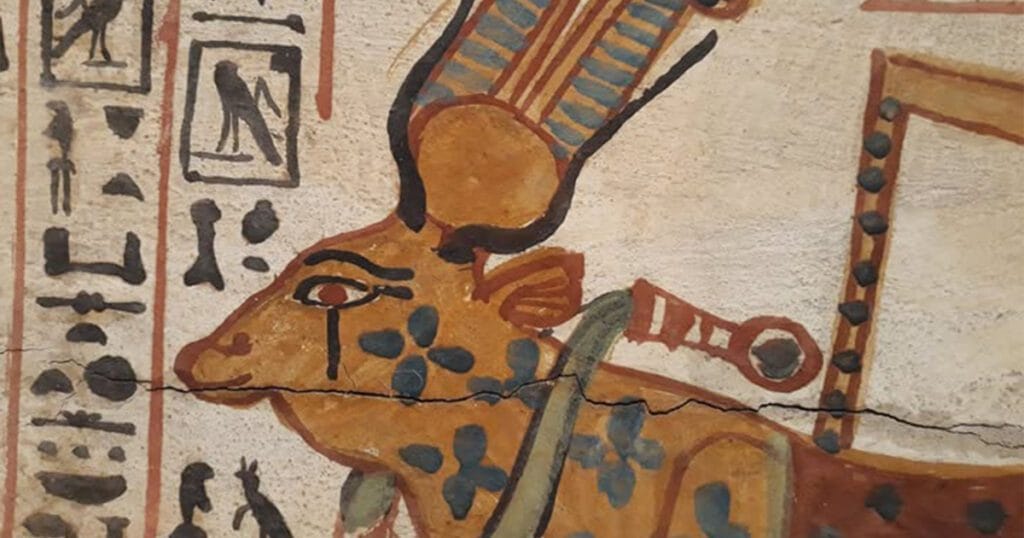 Relief of Hathor in cow-headed form from an ancient Egyptian temple wall