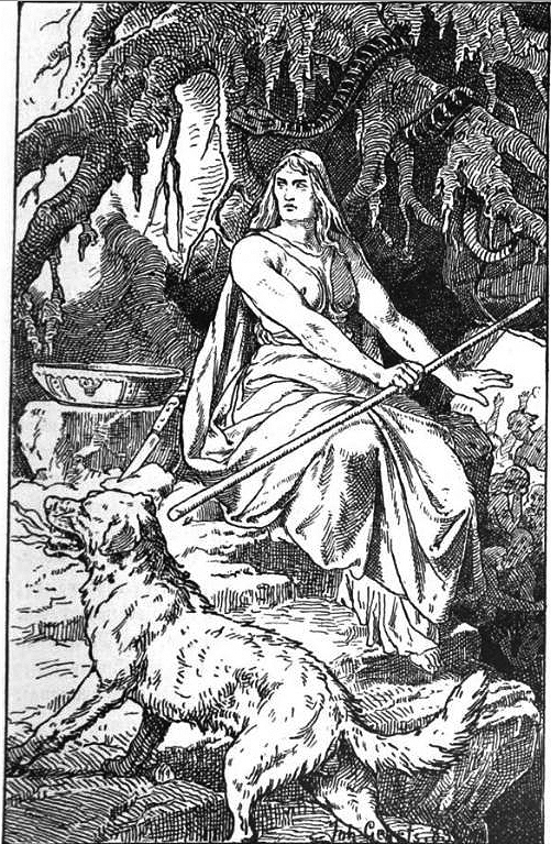 Hel stands with staff on a ledge above her realm—one half of her face living, the other deathly pale—calm and in command.