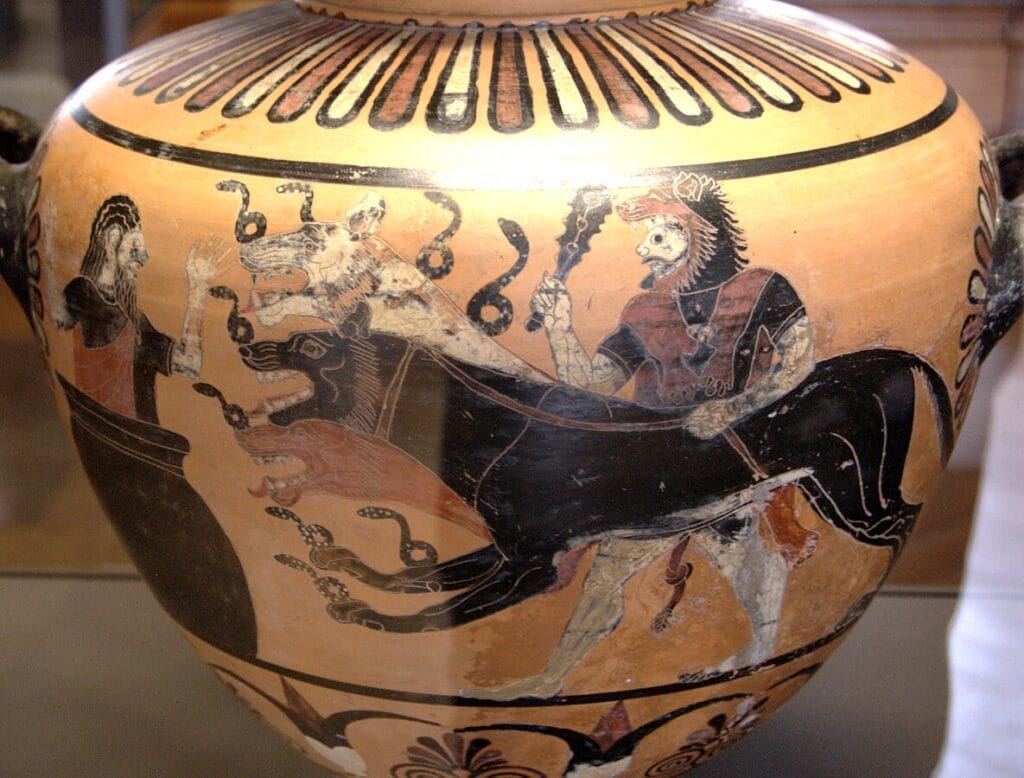 Black-figure hydria showing Herakles with Cerberus and Eurystheus.