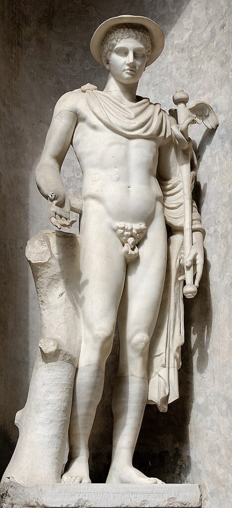 Marble statue of Hermes with traveller's hat and cloak, emblem of a boundary-crossing messenger and early trickster functions.