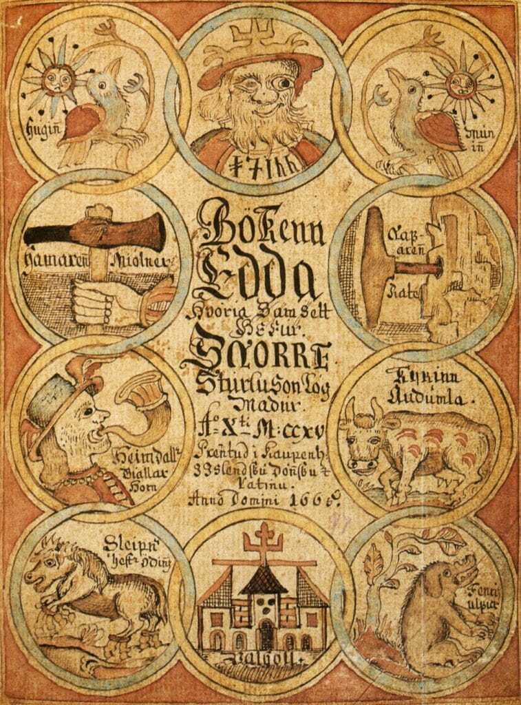 Illustrated scene from the Prose Edda showing contests at Útgarða-Loki's hall