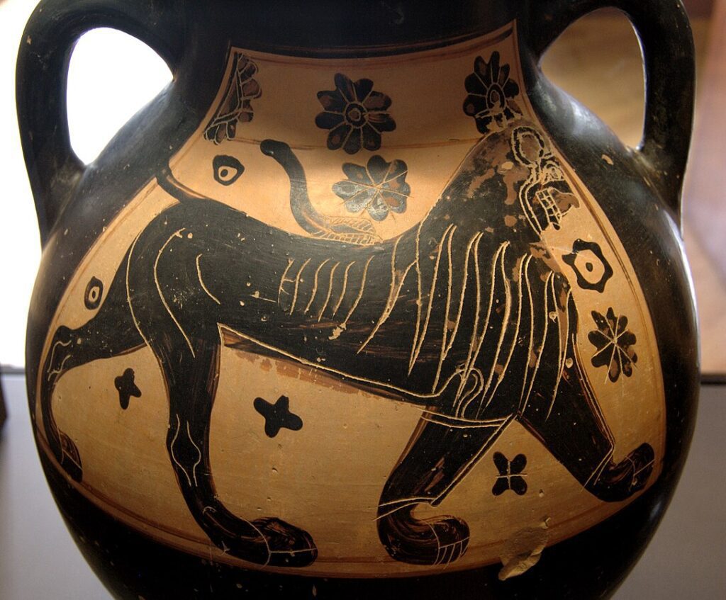 symbolism of animals in Greek vase paintings - lion on Attic black-figure amphora