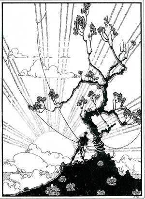 Public-domain illustration of Maui snaring the racing sun with ropes.