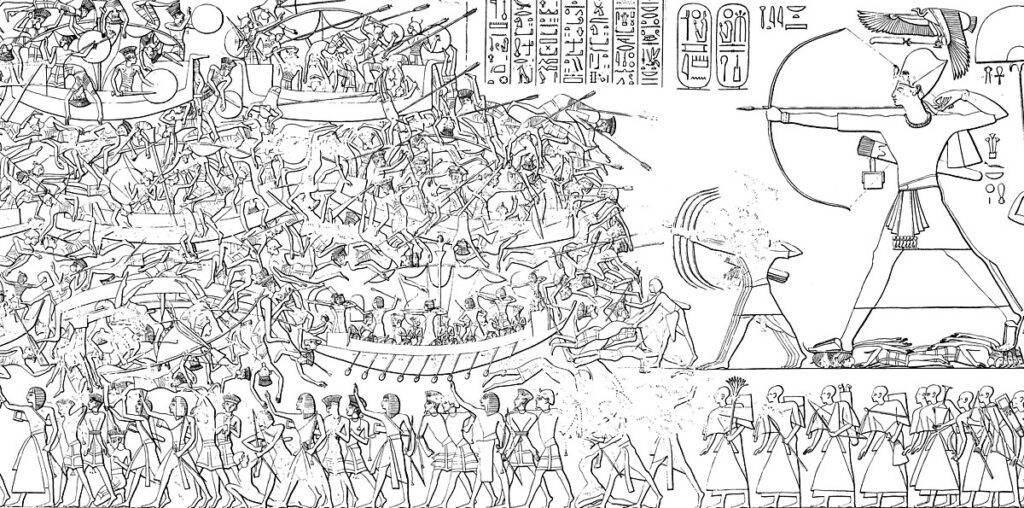 Line drawing of the Medinet Habu naval battle scene, clarifying ship forms, shields, and combat.