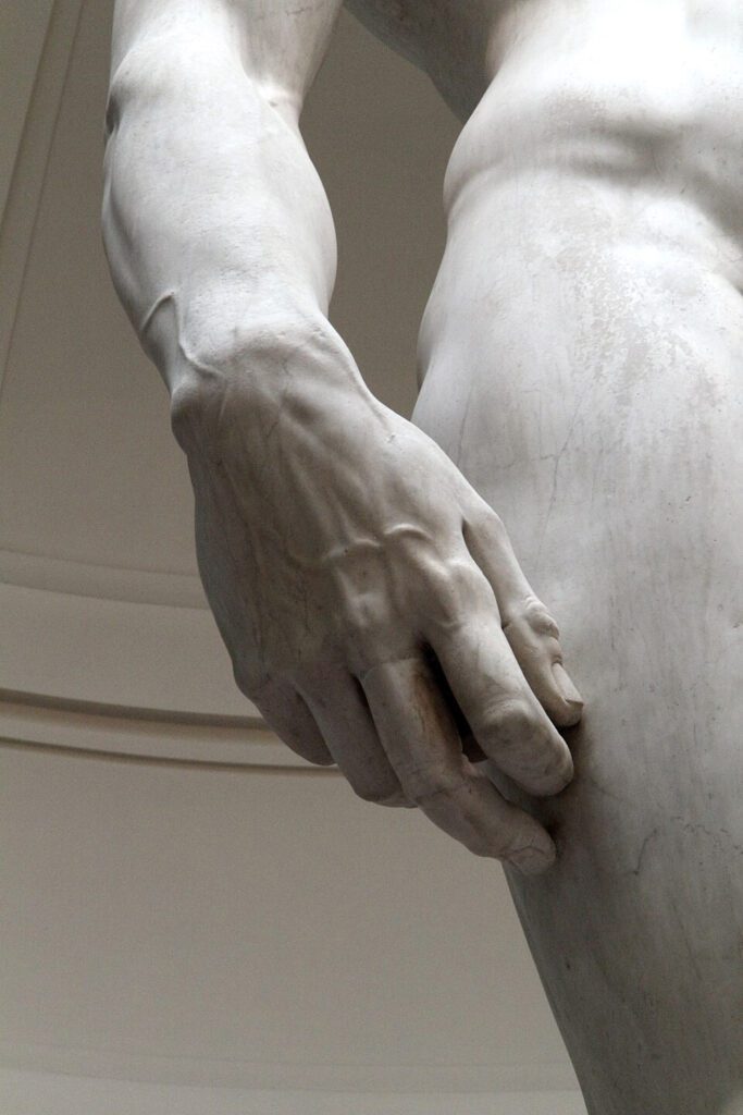 Close view of the right hand and sling, showing enlarged scale, veins, and tendon detail.