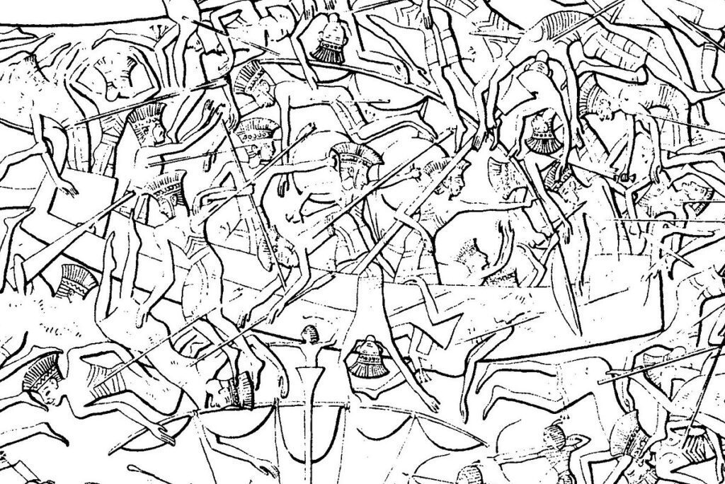 Relief panel of the Battle of the Delta at Medinet Habu showing Egyptian archers on shore and enemy ships grappling in close combat.