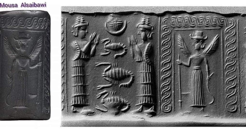Neo-Babylonian cylinder seal with figures at a gate and possible underworld motifs