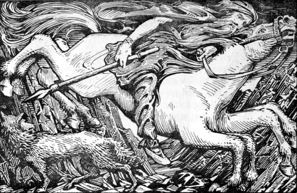 Hel Norse Mythology - Odin on eight-legged horse rides toward Hel’s gate below