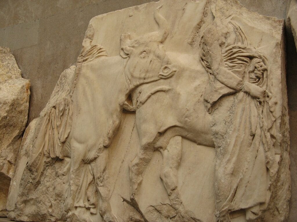 High-resolution image of a Parthenon frieze block with mounted riders.