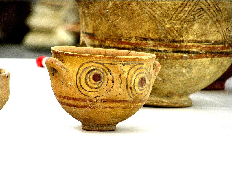Philistine Bichrome pottery vessel with Aegean-influenced decoration from early Iron Age coastal Canaan.