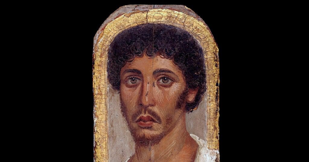 British Museum Fayum portrait of a young man, encaustic on limewood, AD 80–100.