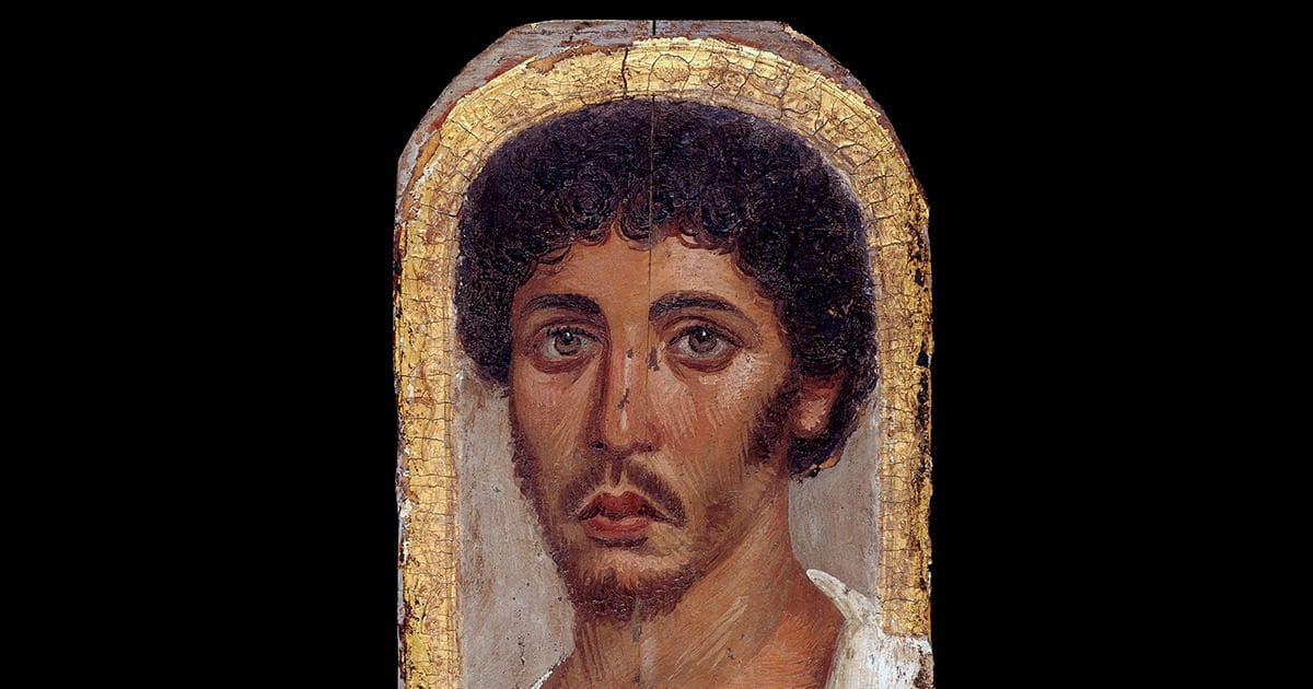 British Museum Fayum portrait of a young man, encaustic on limewood, AD 80–100.