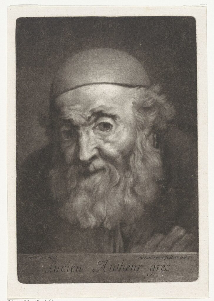 Engraved portrait of Lucian of Samosata, second-century satirist, in three-quarter view with classical drapery.