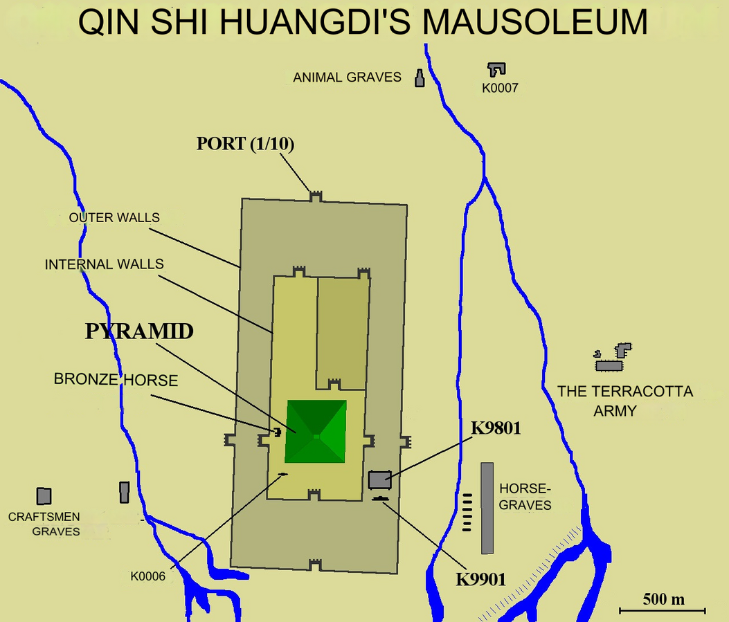 Plan diagram of the mausoleum precinct showing mound, walls, and surrounding pits.