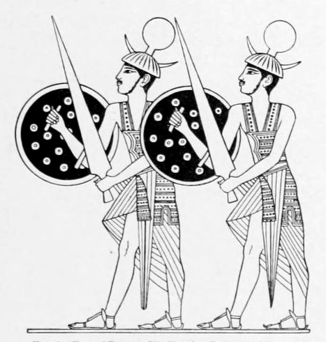 Drawing of horned-helmet Sherden with round shields and corslets serving as royal guards of Ramesses II.