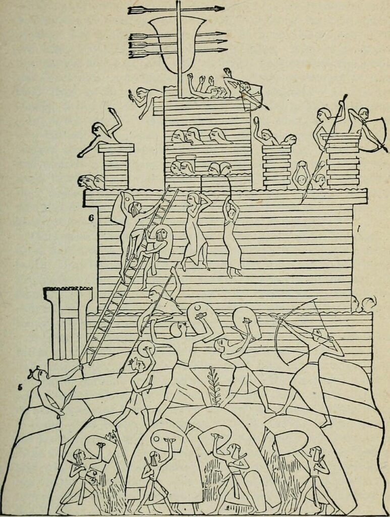 Line drawing of the Dapur siege relief with ladder teams and archers.
