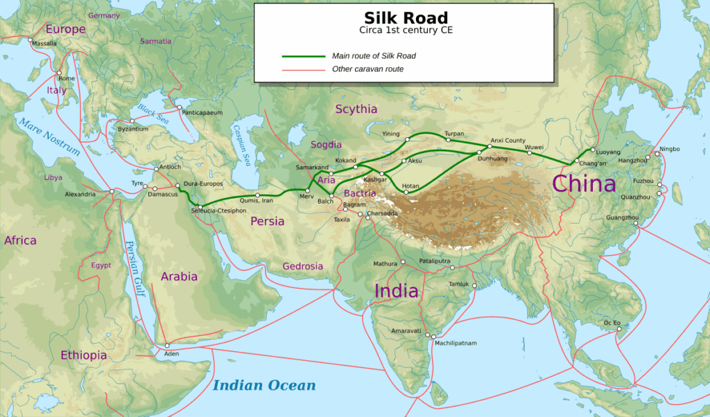 Simplified map of Silk Road overland corridors in the 1st century AD with key nodes.
