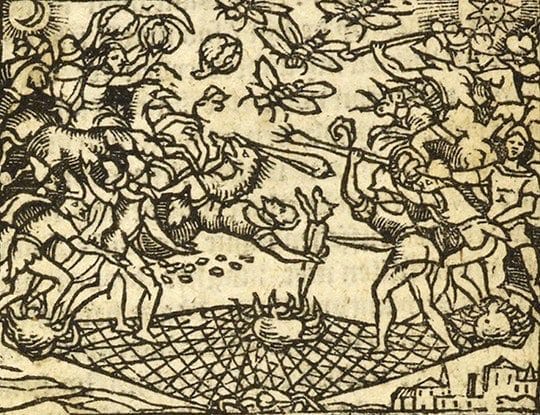 Seventeenth-century engraving of an aerial battle between lunar and solar armies, with figures fighting on a web stretched through space.