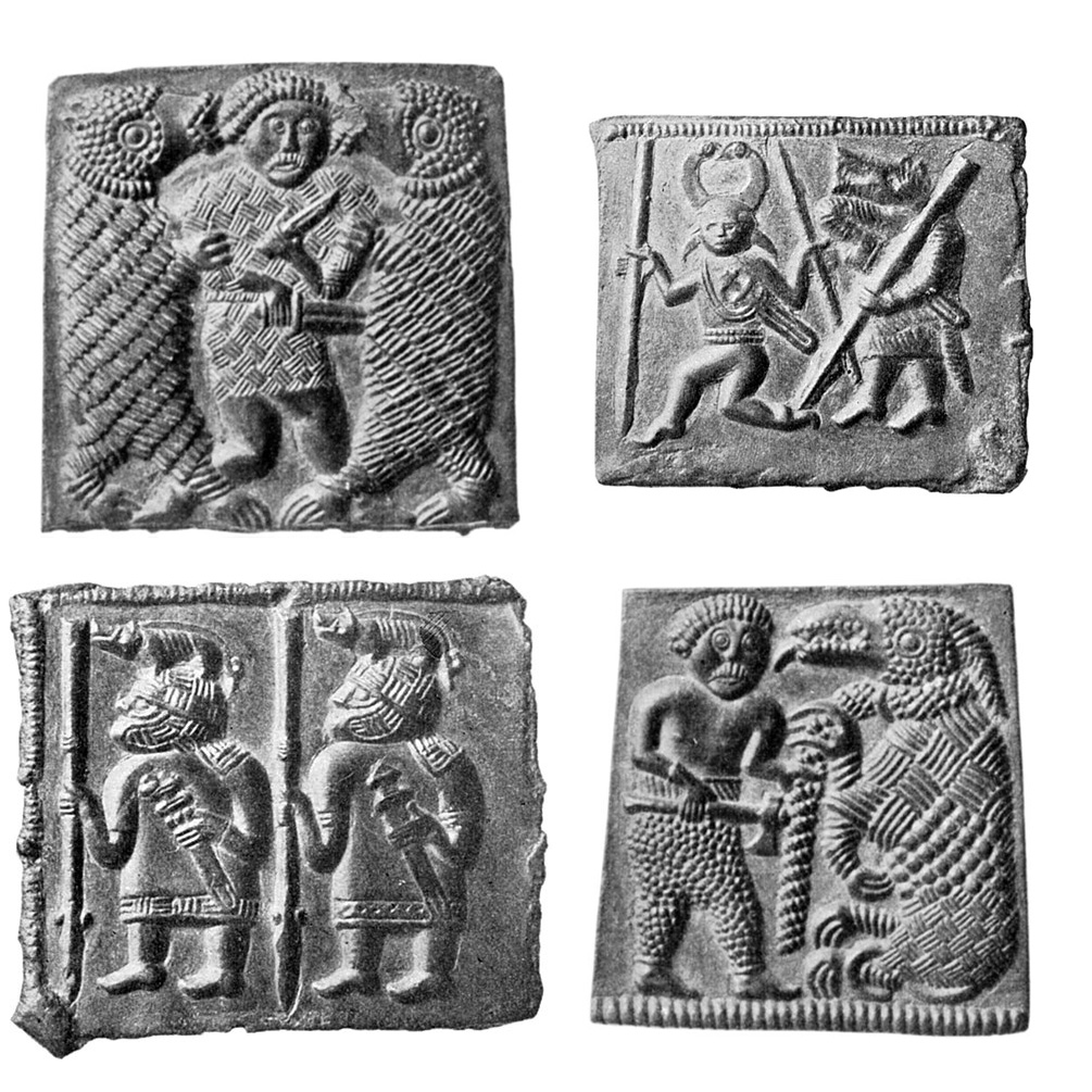 Four square die plates from Torslunda: a one-eyed figure with spear and a masked dancer with weapon appear in repeated patterns.