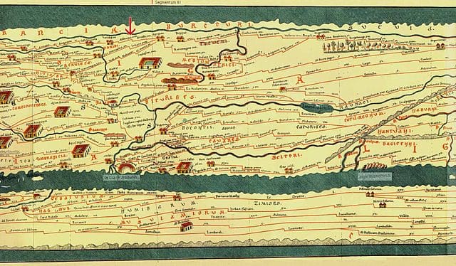 Segment of the Tabula Peutingeriana showing roads, stations, and distances