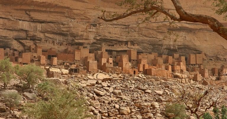 The Bandiagara escarpment in Mali with Dogon villages and granaries along the cliff base