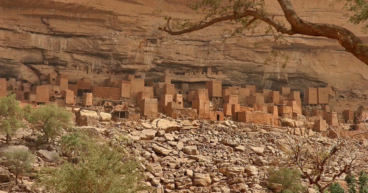 The Bandiagara escarpment in Mali with Dogon villages and granaries along the cliff base