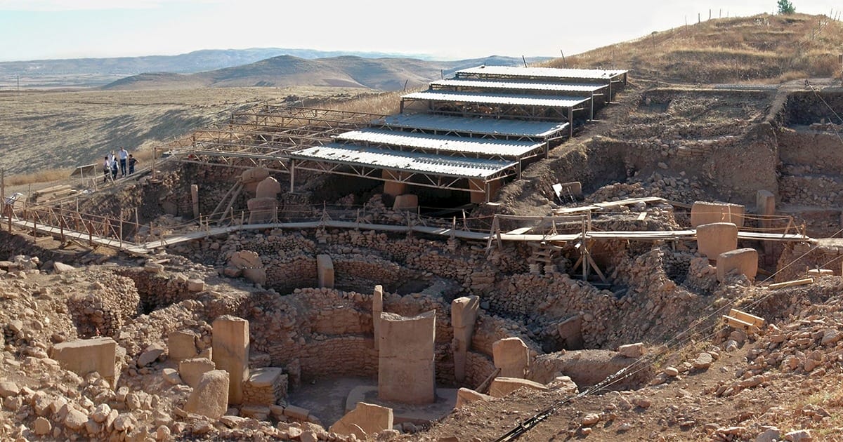 Aerial view of Göbekli Tepe’s main excavation area with circular enclosures.