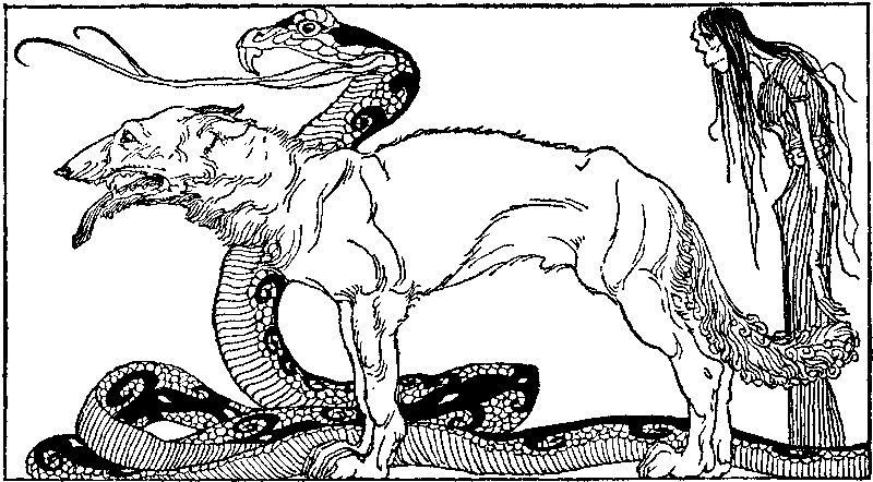 Pogany's illustration groups Hel, Fenrir, and the World Serpent together—three destinies placed side by side.
