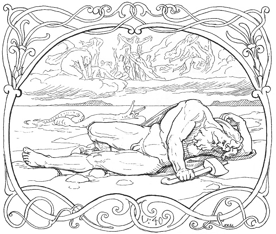 Thor and the Midgard Serpent lie dead after their final fight; waves crash, the sky darkens, and the hammer is fallen.